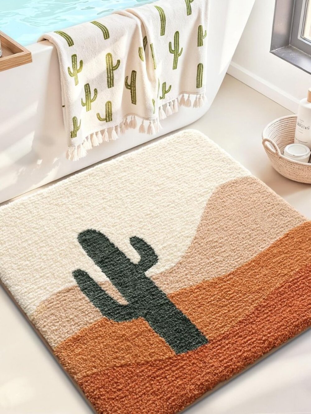 Square Cactus Bathroom Rug 26x26 Soft Absorbent Bath Mat, Non Slip